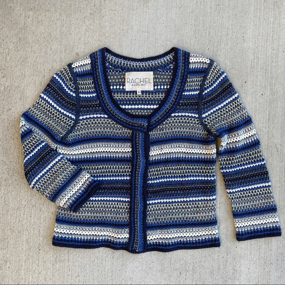 2 for $25 Rachel Roy blue white knit snap front cardigan M - Picture 2 of 8